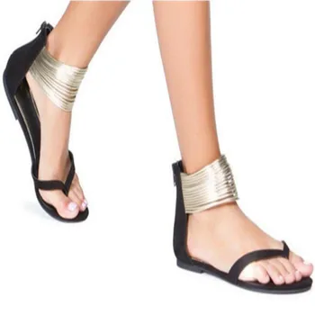 Kobiety lato dorywczo płaskie sandały plus rozmiar klapki damskie Flock metalowe ozdoby zamek kostki owinąć buty wypoczynek buty 8896