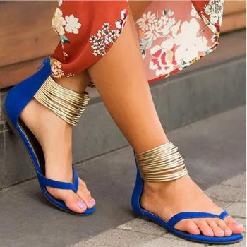 Kobiety lato dorywczo płaskie sandały plus rozmiar klapki damskie Flock metalowe ozdoby zamek kostki owinąć buty wypoczynek buty 8896