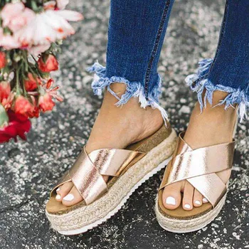 Złote buty na koturnie damskie эспадрильи sandały letnie buty 2019 kapcie Chaussures Femme sandały na platformie rozmiar 43 sandalia